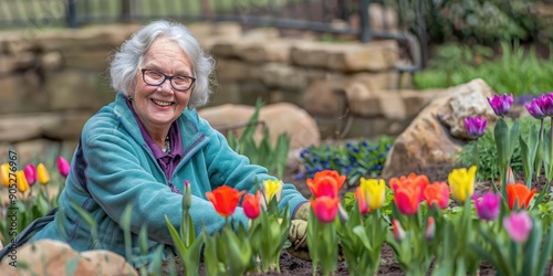 A photo of a senior woman gardening on a sunny day, looking happy and content while planting some flowers. Gardening and hobby concept.