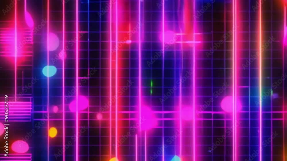 Abstract Background with Glowing Neon Music notes, Lines and Shapes