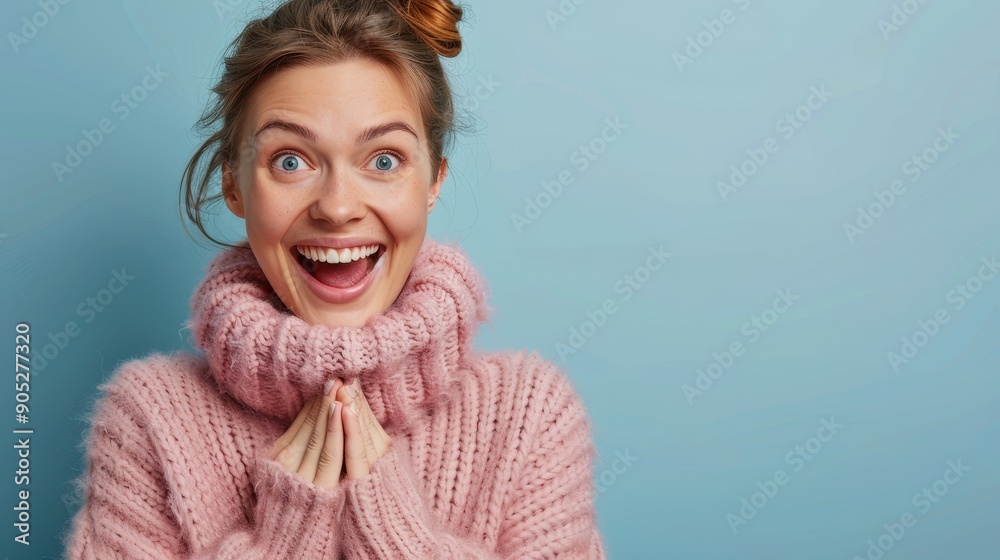 A woman in a pink sweater is smiling and making a surprised face. Concept of happiness and excitement A woman in a pink sweater is smiling and making a surprised face. Concept of happiness and excitement