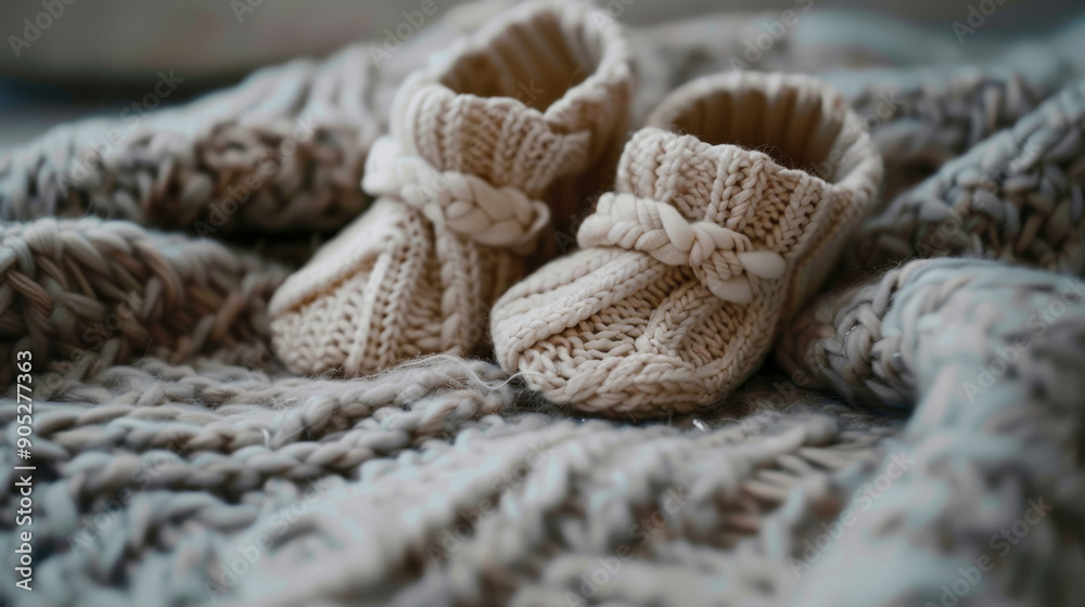Delicate, hand-knitted baby booties rest on a thick, knitted blanket, evoking warmth and tenderness in cozy surroundings. Delicate, hand-knitted baby booties rest on a thick, knitted blanket, evoking warmth and tenderness in cozy surroundings.