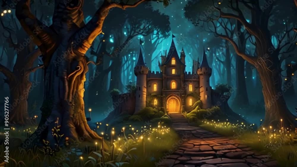 Enchanted Forest with a Castle and Glowing Lanterns Enchanted Forest with a Castle and Glowing Lanterns