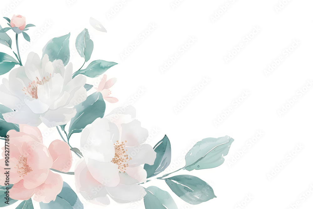 Fototapeta premium Watercolor pastel flowers frame on white background with copy space for text. Invitation wedding card