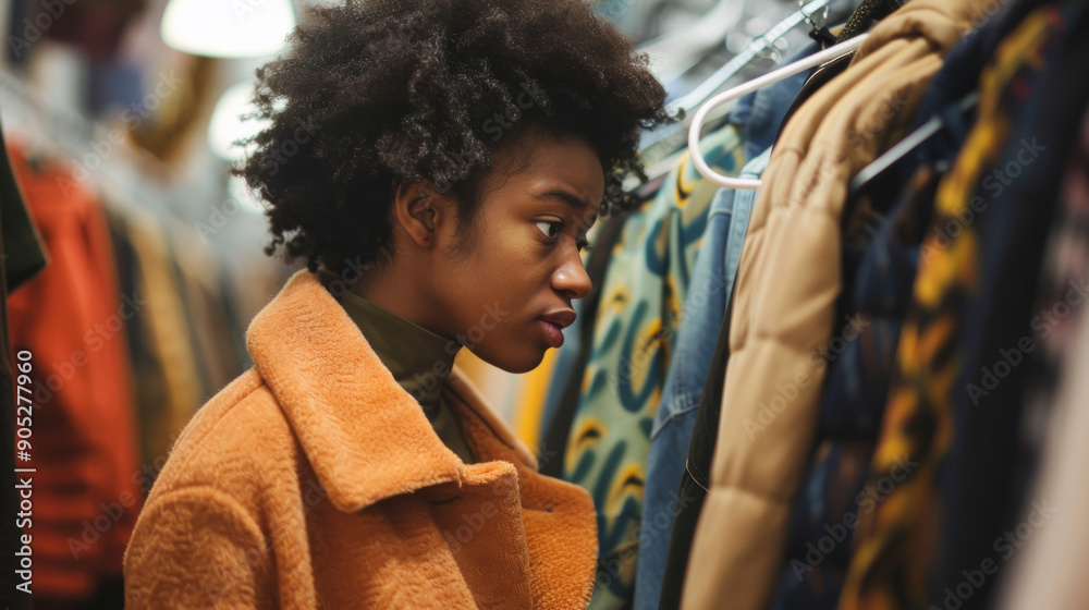 A person with curly hair intently browsing through a rack of clothes in a stylishly casual indoor environment. A person with curly hair intently browsing through a rack of clothes in a stylishly casual indoor environment.