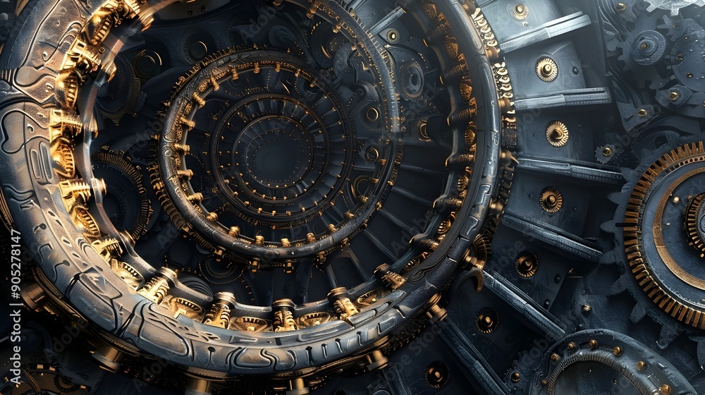 Fototapeta premium Spiral Staircase Crafted with Clock Gears,Infinite Time Surreal Architecture Design