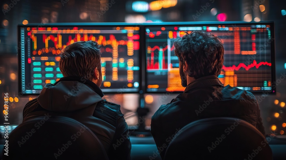two men sitting in front of a monitor for stock market