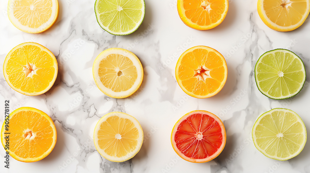 Citrus fruits like oranges, lemons, and limes sliced and displayed on a white marble background Citrus fruits like oranges, lemons, and limes sliced and displayed on a white marble background