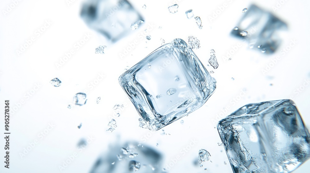 Crystal clear ice cube falling, isolated on white background, showcasing its transparency. Crystal clear ice cube falling, isolated on white background, showcasing its transparency.