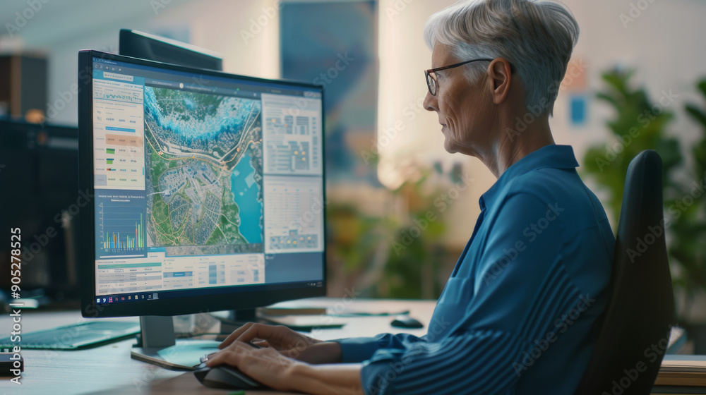 A focused individual analyzes maps and data on a large computer screen in a well-lit office, showcasing dedication to precision and information. A focused individual analyzes maps and data on a large computer screen in a well-lit office, showcasing dedication to precision and information.