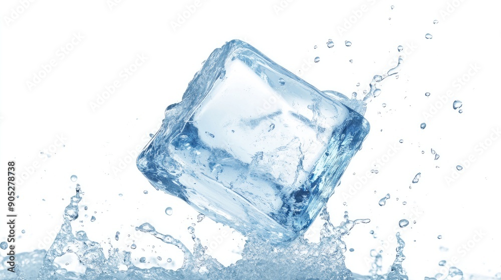 Falling ice cube in free fall, isolated on white, capturing its texture and transparency. Falling ice cube in free fall, isolated on white, capturing its texture and transparency.