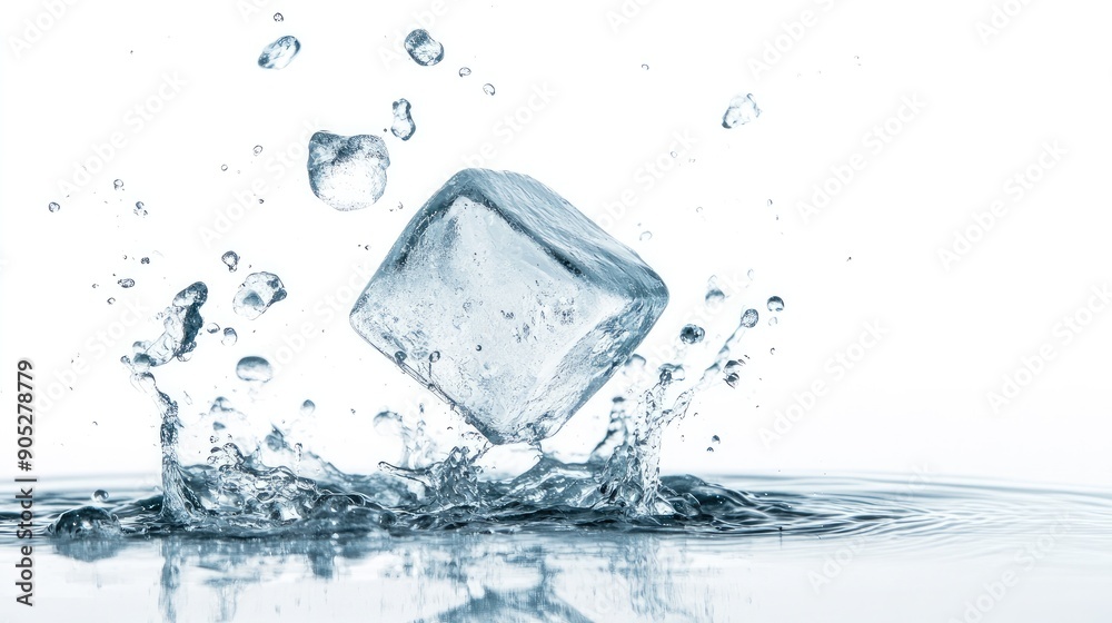 Falling ice cube with pristine clarity, isolated on white, highlighting its texture. Falling ice cube with pristine clarity, isolated on white, highlighting its texture.