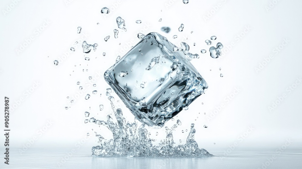 Falling ice cube with water droplets, isolated on white background, in sharp detail. Falling ice cube with water droplets, isolated on white background, in sharp detail.