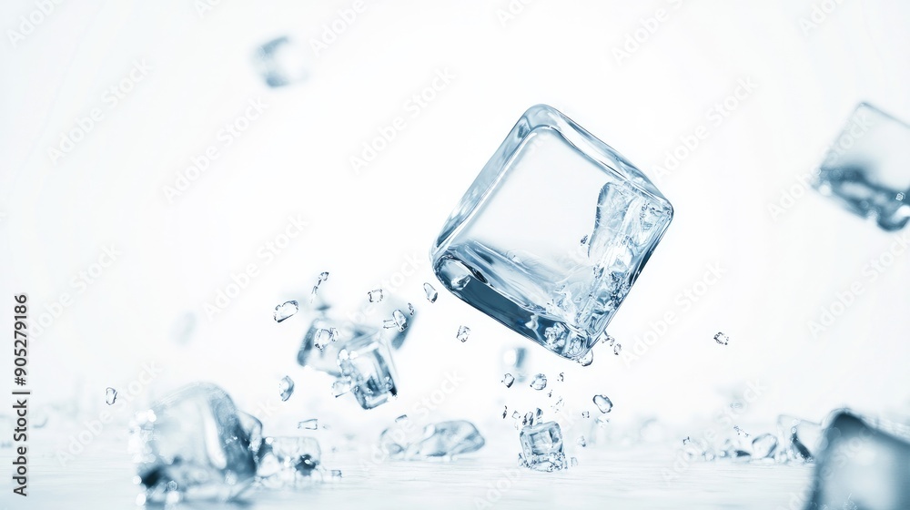 Frozen ice cube dropping, isolated on white background, with full depth of field. Frozen ice cube dropping, isolated on white background, with full depth of field.