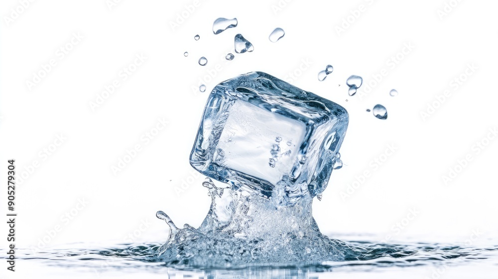 Ice cube in free fall, isolated on white, highlighting its clarity and texture. Ice cube in free fall, isolated on white, highlighting its clarity and texture.