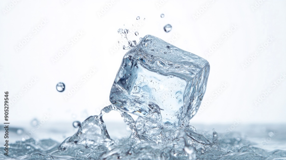 Ice cube falling with water droplets, isolated on white, highlighting its details. Ice cube falling with water droplets, isolated on white, highlighting its details.