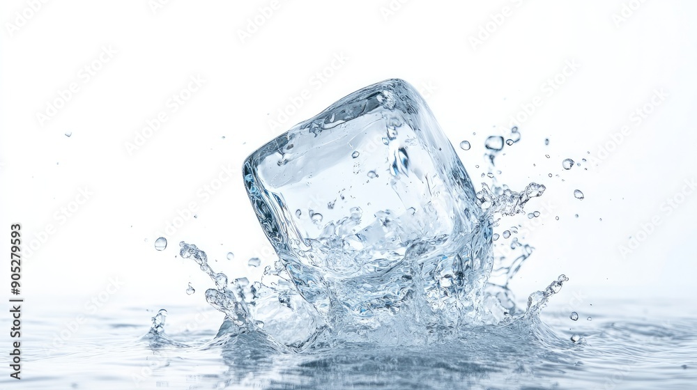 Ice cube falling through the air, isolated on white, showcasing its texture and clarity. Ice cube falling through the air, isolated on white, showcasing its texture and clarity.