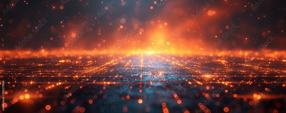 Fiery Digital Horizon with Sparkling Lights - Perfect for Event Backdrops, Digital Presentations, and Futuristic Concepts Fiery Digital Horizon with Sparkling Lights - Perfect for Event Backdrops, Digital Presentations, and Futuristic Concepts