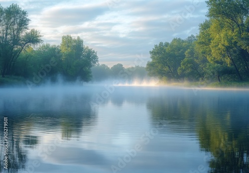 Wallpaper Mural A serene lake partially obscured by early morning fog, with mist gently rising from the water's surface and trees faintly visible in the background Torontodigital.ca