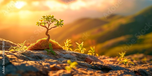 Sunset glow on young tree sprouting from rocky terrain. Concept of New life emerges, nature’s persistence and resilient plant growth. photo