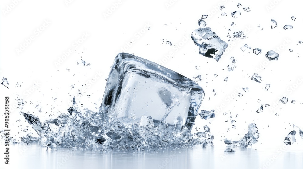 Ice cube mid-fall, isolated on white, showcasing its details and pristine clarity. Ice cube mid-fall, isolated on white, showcasing its details and pristine clarity.