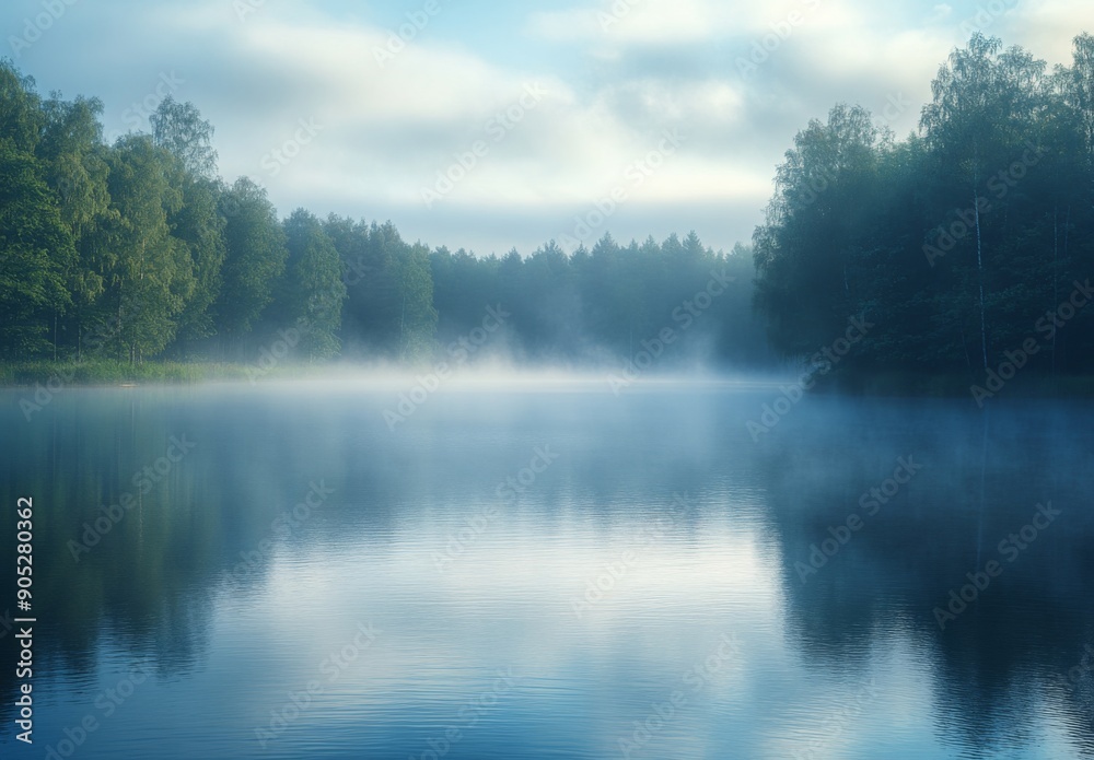 A serene lake partially obscured by early morning fog, with mist gently rising from the water's surface and trees faintly visible in the background A serene lake partially obscured by early morning fog, with mist gently rising from the water's surface and trees faintly visible in the background