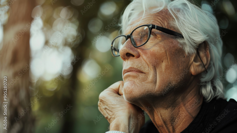 An older man with glasses gazes thoughtfully into the distance, capturing a moment of serene contemplation amidst nature. An older man with glasses gazes thoughtfully into the distance, capturing a moment of serene contemplation amidst nature.