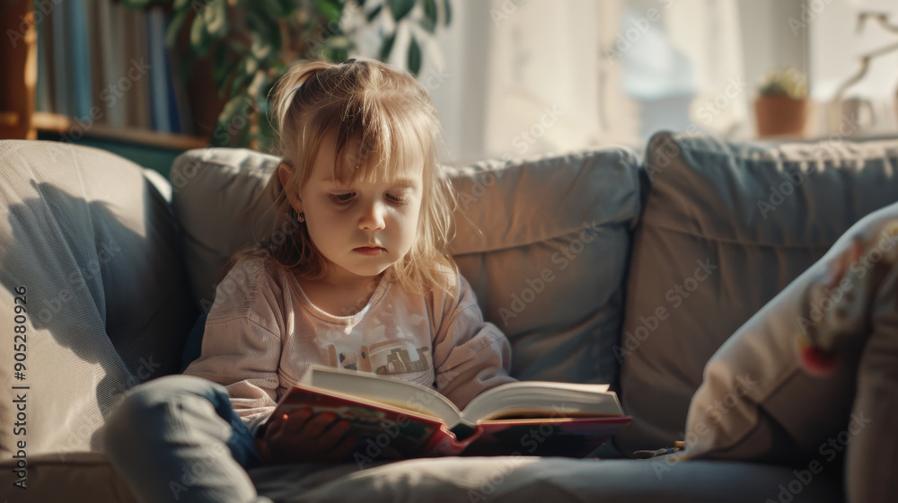 A little girl deeply focused on reading a book, sitting on a soft couch bathed in gentle sunlight, creating a serene and studious atmosphere. A little girl deeply focused on reading a book, sitting on a soft couch bathed in gentle sunlight, creating a serene and studious atmosphere.