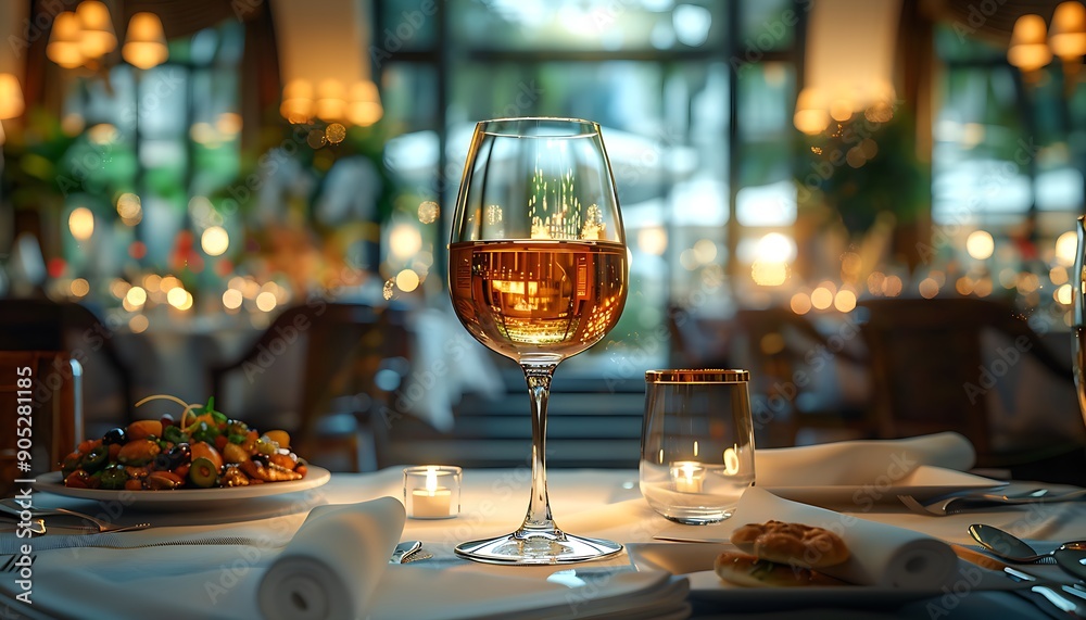 Elegant Restaurant Table: Wine Glass and Appetizers on the Bar Table, Soft Light and Romantic Atmosphere, Dinner, Wedding Service Menu, Elegant Restaurant Table: Wine Glass and Appetizers on the Bar Table, Soft Light and Romantic Atmosphere, Dinner, Wedding Service Menu,