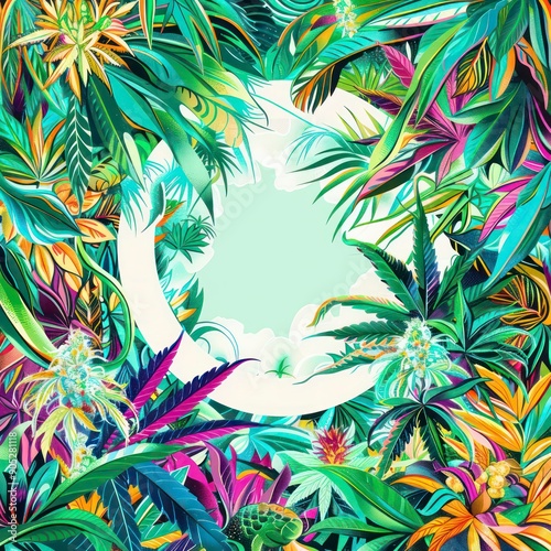 jungle cannabis theme with a reserved white circular space in the center