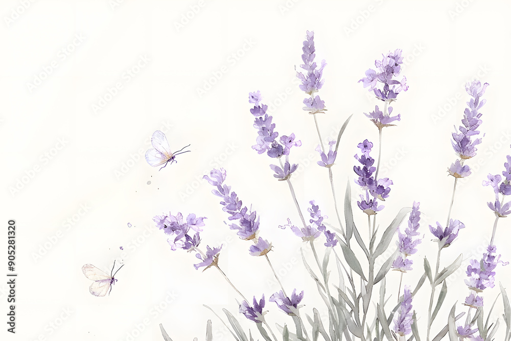 Naklejka premium Watercolor lavender blossom border flowers, white background