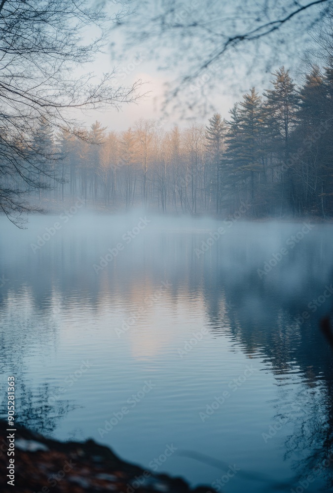 Fototapeta premium A serene lake partially obscured by early morning fog, with mist gently rising from the water's surface and trees faintly visible in the background