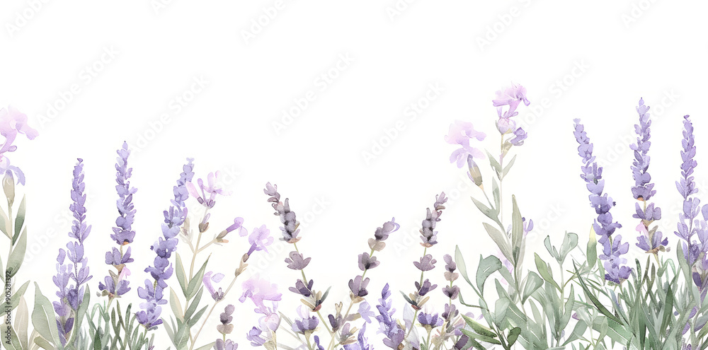 Obraz premium Watercolor lavender blossom border flowers, white background