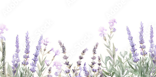 Fototapeta Naklejka Na Ścianę i Meble -  Watercolor lavender blossom border flowers, white background