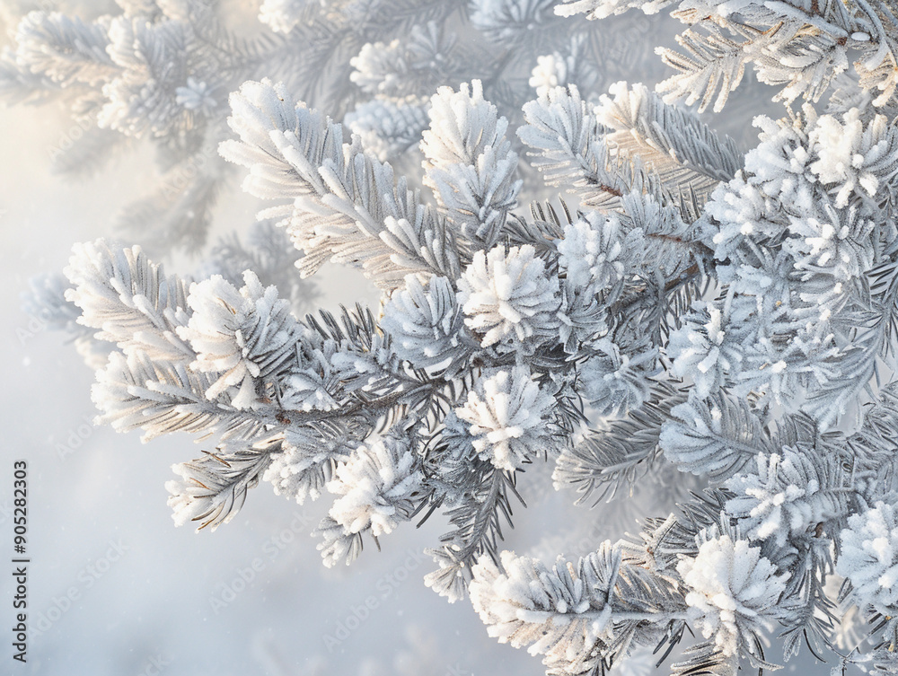 Frost-Covered Pine Branches Glimmering Under Soft Morning Light in Winter Frost-Covered Pine Branches Glimmering Under Soft Morning Light in Winter