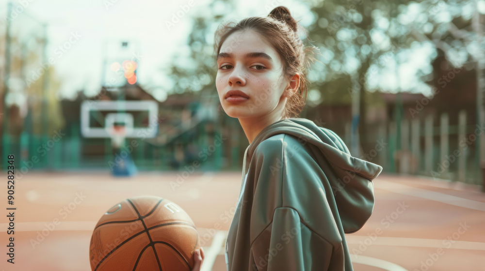 A poised basketball player in a hoodie stands on a basketball court, radiating determination and readiness for action. A poised basketball player in a hoodie stands on a basketball court, radiating determination and readiness for action.
