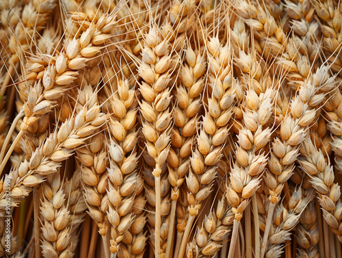 Golden Wheat Heads Ready for Harvest Under Bright Summer Sunshine in Agricultural Field