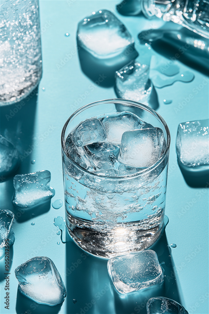 A photo of a cool bottled water commercial in a glass cup A photo of a cool bottled water commercial in a glass cup
