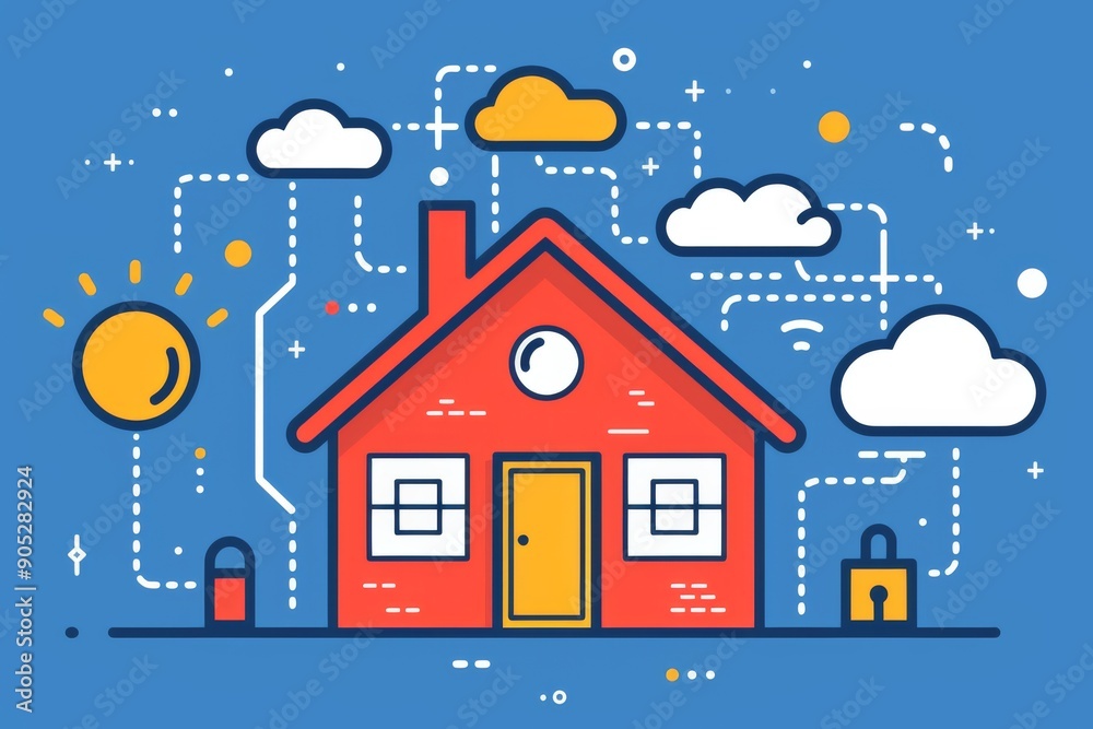 Fototapeta premium A small red house with a garden, surrounded by clouds and a sun, symbolizing family living, suburban life, and the warmth of home in a cheerful, childlike illustration.