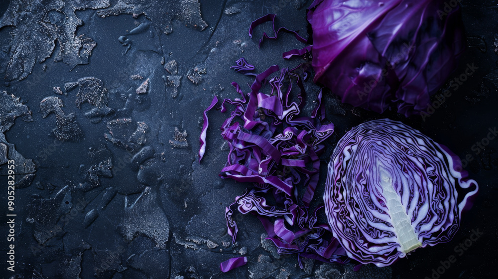 Obraz premium Dark moody photograph of purple cabbage arranged on a textured surface, evoking a sense of rustic simplicity.