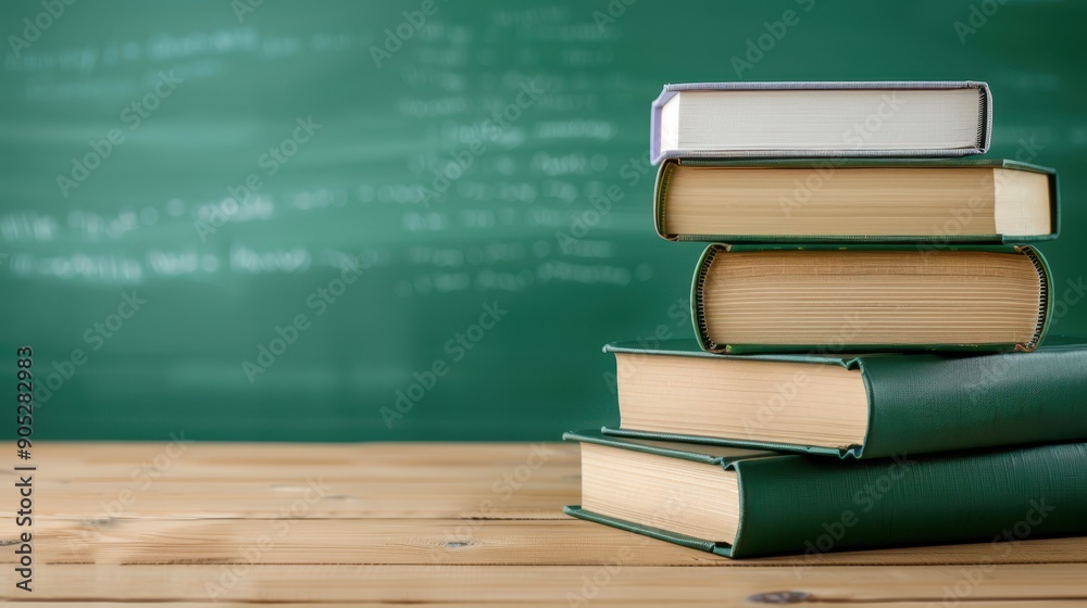 A stack of books on a green desk with a chalkboard behind them A stack of books on a green desk with a chalkboard behind them