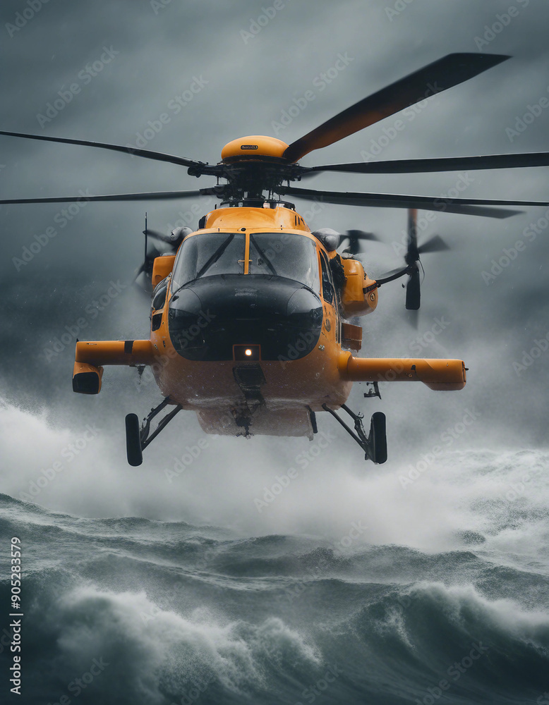 A rescue helicopter hovering above a turbulent ocean, battling heavy rain and powerful gusts as it searches for a stranded vessel.
A rescue helicopter hovering above a turbulent ocean, battling heavy rain and powerful gusts as it searches for a stranded vessel.
