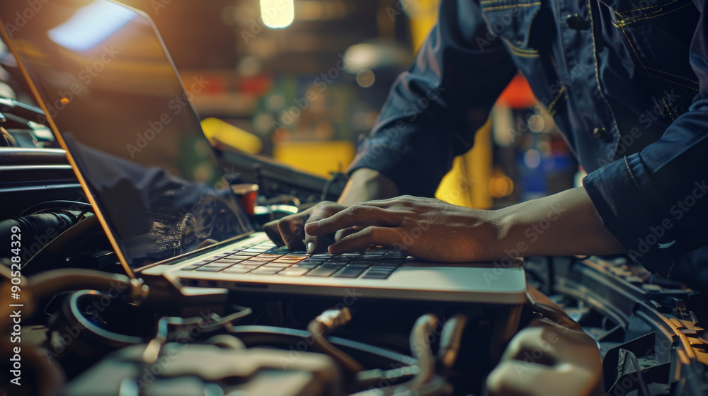 A person working on a laptop, set on an engine in a garage, displaying a blend of technology and manual labor. A person working on a laptop, set on an engine in a garage, displaying a blend of technology and manual labor.