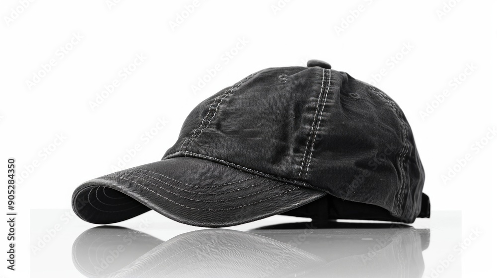 black baseball cap sits on a white surface, casting a shadow below. Its brim is slightly curved, and the fabric has a subtle textured quality.