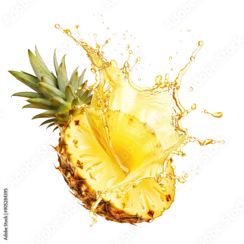 Fresh pineapple splash in mid-air, showcasing vibrant tropical fruit and refreshing juice for a lively and energetic visual delight. photo
