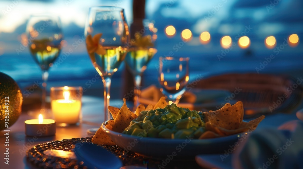 Fototapeta premium Luxury meal on table with sea at dusk with candle