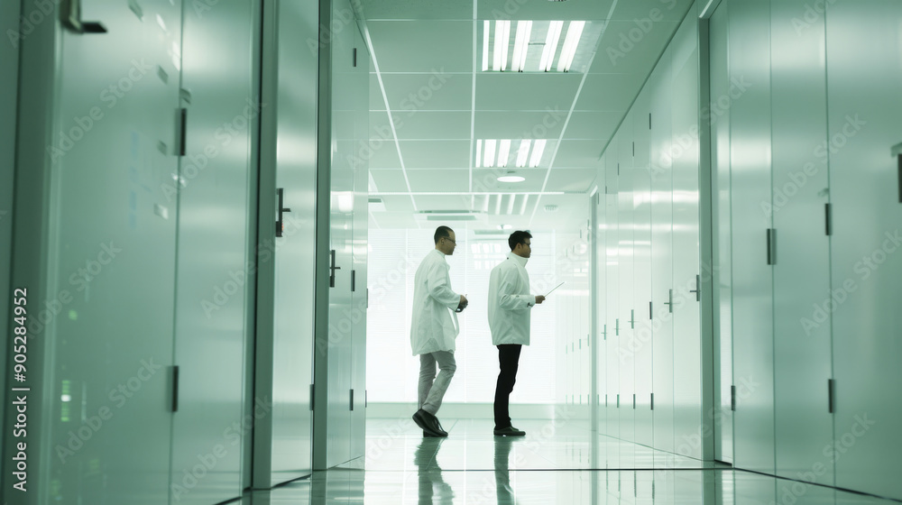Two scientists in white lab coats walk down a pristine, modern laboratory corridor, reflecting the high-tech, clean environment instrumental for research. Two scientists in white lab coats walk down a pristine, modern laboratory corridor, reflecting the high-tech, clean environment instrumental for research.