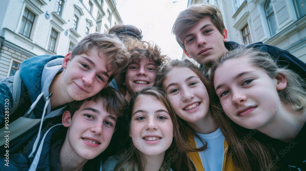 A vibrant group of teenagers takes a cheerful group selfie on a city street, their smiles radiating youthful energy and unity.
