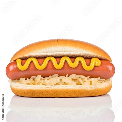 Hotdog with sauerkraut or onions and spicy mustard, resting on a pristine white surface