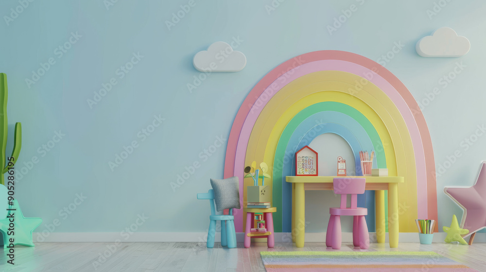A cheerful, pastel-colored kids' playroom with a vibrant rainbow arch and playful furniture, inspiring creativity and joy. A cheerful, pastel-colored kids' playroom with a vibrant rainbow arch and playful furniture, inspiring creativity and joy.