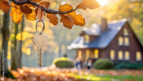 Fototapeta Naklejka Na Ścianę i Meble -  House key hanging from a branch in a fall setting
