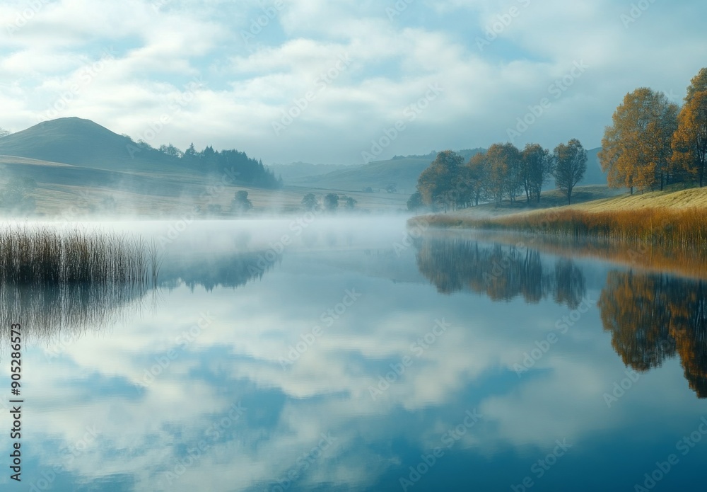 Fototapeta premium A peaceful lake enveloped in morning fog, with distant hills and trees creating a dreamy, ethereal atmosphere